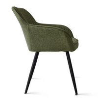 Chaise de salle à manger moderne verte avec dossier et accoudoirs solides, assise rembourrée en tissu et structure en métal noir pour salle à manger et salon