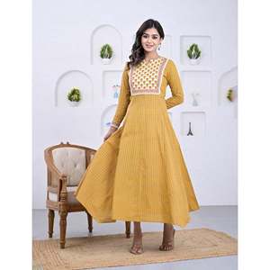 Vestido Anarkali Amarillo de Algodón con Estampado de Bloques, Estilo Pakistaní, Ropa Étnica India con Salwar Kameez - Product Image 3