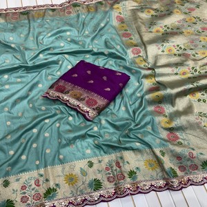 ชุดส่าหรีผ้าไหมโดลา VASTRA COTTAGE พร้อมงานปักลายเลื่อม ขอบเสื้อปักลายตัดกัน พร้อมเสื้อลูกไม้ปักลาย สำหรับงานปาร์ตี้สไตล์ชาติพันธุ์ - Product Image 2