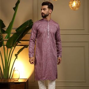 Ensemble Kurta Pyjama Traditionnel pour Hommes en Coton Khadi Lourd avec Broderie et Travail de Miroir, et Chudidar Semi-Coton - Collection Royal Export - Product Image 1