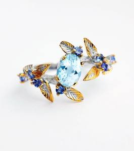 Anillo de Boda de Plata de Ley con Topacio Azul Natural con Diseño de Hoja Rara, Certificado por IGI, para Uso Diario Elegante, Estilo Clásico de Lujo - Product Image 1