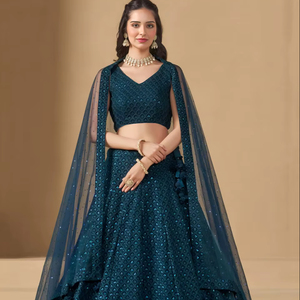 Elegante Lehenga Choli de Georgette de Poliéster Azul, Largo hasta el Suelo, de Secado Rápido, con Bordado de Lentejuelas Resham, para Bodas y Fiestas - Product Image 1