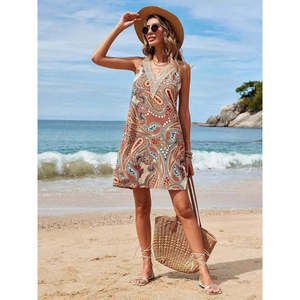 Vestido Mini Estampado sin Mangas con Cuello en V de Encaje para Mujer de Jane's, Corte Regular, Tela Fina, Ideal para Uso Diario Informal, Ropa de Playa - Product Image 2