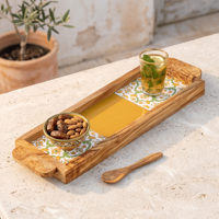 Plateau de service carré élégant et esthétique - Plateau ottoman personnalisé en bois d'olivier et céramique, écologique et durable pour la décoration de table basse moderne