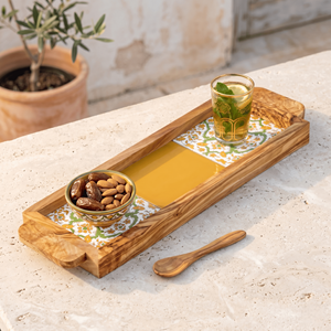 Plateau de service carré esthétique - Plateau ottoman personnalisé en bois d'olivier et céramique pour la décoration moderne de table basse - Product Image 4