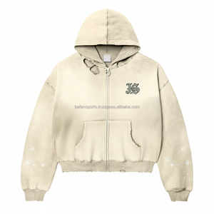 Sudadera con capucha y cremallera para mujer, forro polar pesado, lavado Vintage, Beige, bordado, logotipo personalizado, estilo desgastado, sudaderas básicas de calidad Premium - Product Image 1