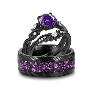 Jeulia <b>Gothic</b> Black Purple Stone Wedding Couple's <b>Ring</b> Set - Product Image 2