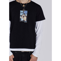 Dubbellaags gebreide oversized t-shirts met reliëfdruk, hoogwaardig modern streetwear design voor kledingmerken, grote bestellingen