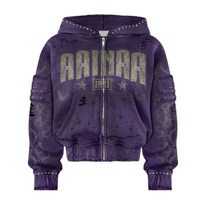 Sudadera con Capucha y Cremallera para Hombre, Estilo Urbano, Vintage, Unisex, Holgada, con Lavado Ácido, Diseño Desgastado, con Pedrería, Logotipo Personalizado del Fabricante de Ropa - Product Image 1