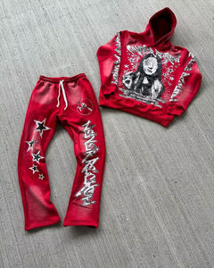 Y2K Streetwear moda conjuntos de chándal de dos piezas con estampado personalizado Sudadera con capucha y pantalones de chándal acampanados conjunto de chándal de invierno de gran tamaño para hombres - Product Image 4