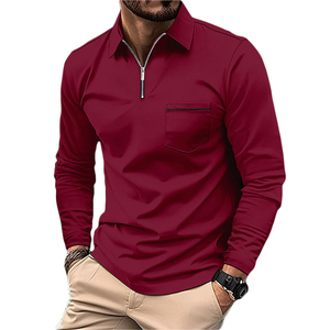 2025 hommes affaires décontracté pour POLO couleur unie tricoté revers fermeture éclair poche horizontale rayé court uni teint pour le printemps - Product Image 3