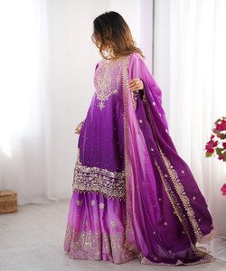 RICO BLANCO CHINON BORDADO SECUENCIA TRABAJO TOP SHARARA CON DUPATTA WEDDING WEAR PRECIO AL POR MAYOR ROPA ÉTNICA - Product Image 6