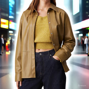 Women's Genuine Sheep <b>Leather</b> <b>Shirts</b> Button Closure Outerwear with Double Pockets Vintage Streetwear Letterman Design for Winter - Product Image 1