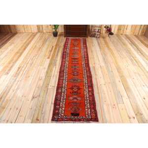 Turkish 2.6x11.7 ft Rug, Herki Vintage Rug, <b>Red</b> Camouflage <b>Wool</b> Rug - Product Image 1