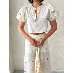 Blusa de Algodón Bordada con Lazo Delantero para Mujer, Color Piedra, Ropa Elegante al por Mayor para Uso Diario - Product Image 4