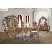 Ensemble de salle à manger 7 pièces de style européen en marbre ivoire, table à manger en bois baroque gris foncé doré sculpté, buffet, armoire à vin, villa