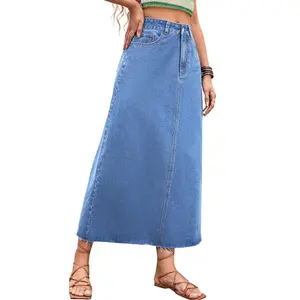 Usine en gros taille haute longue Baggy jupe Maxi Style dames Long Denim coton Jeans coréen Stretch femmes jupes