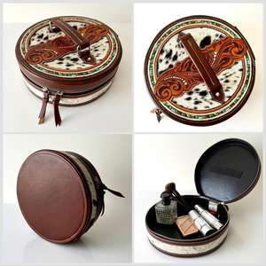 Bolso de tocador de cuero genuino de vaquera occidental, Hippie estilo bohemio, pelo tallado a mano, cremallera portátil, respetuoso con el medio ambiente - Product Image 2