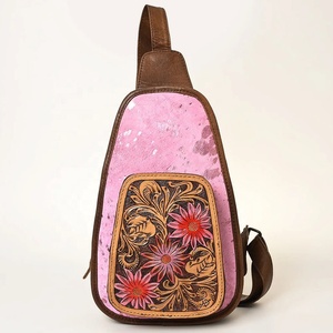 Cuir de vachette rose feuille cheveux cuir à la mode Style occidental sac à bandoulière usiné à la main PC utilitaire Cowgirl sac de messager fermeture à glissière - Product Image 4