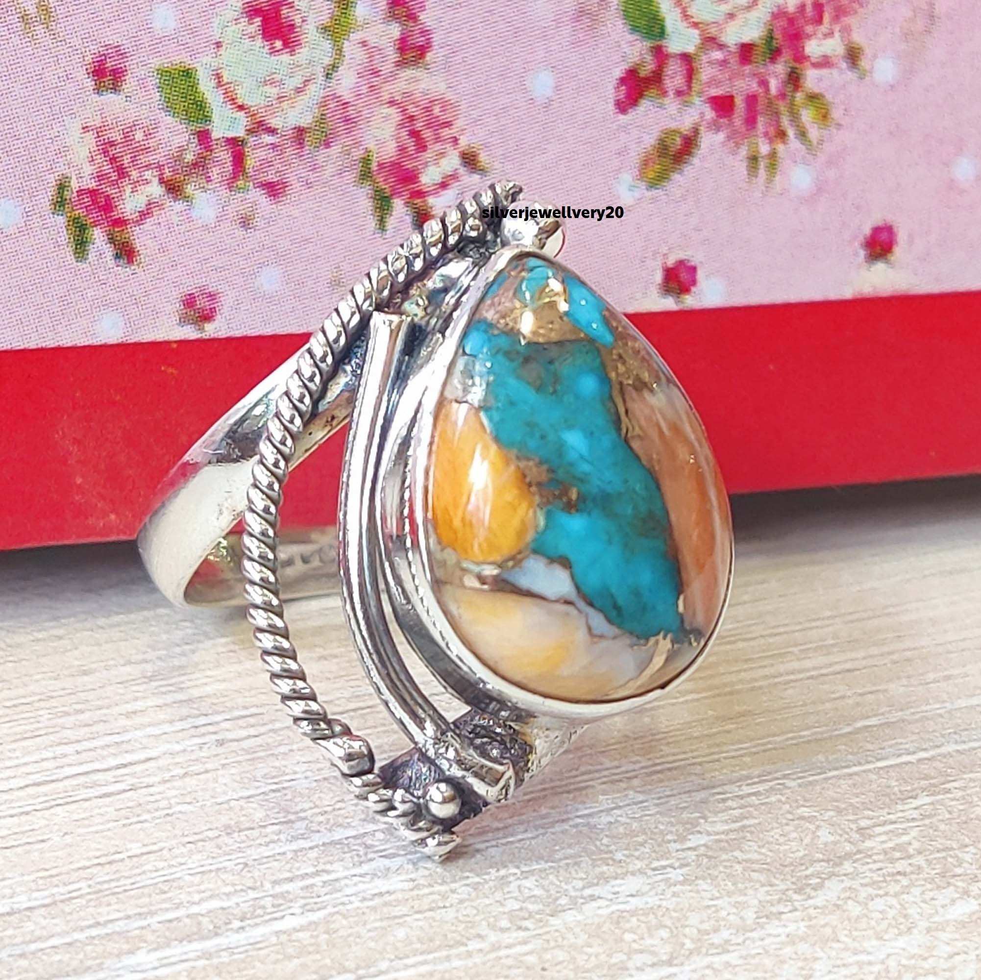 825 Solid Sterling Silver Designer Ring with Oyster Copper and Turquoise  Smooth Oval Cut Gemstone for Wedding Jewelry Gift