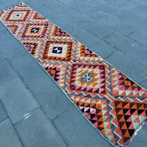 Turkish Vintage <b>Rug</b>, 2.2x10.4 ft <b>Runner</b> <b>Rug</b>, Orange Pink Ikat <b>Rug</b> - Product Image 4
