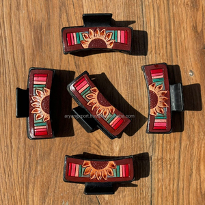 มาใหม่สไตล์ตะวันตกทําด้วยมือเครื่องมือหนังดอกทานตะวันผมClawคลิปของแท้หนังClawอุปกรณ์เสริมผมสําหรับสตรี - Product Image 3