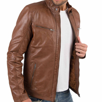 Veste en cuir marron classique pour homme, coupe ajustée, imperméable, respirante, design mode hiver, col montant, logo avant, style urbain