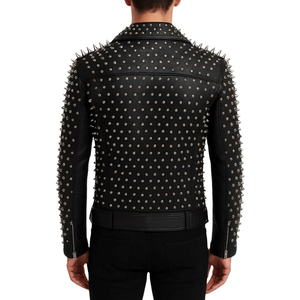 แจ็กเก็ตหนังวัวสีดำทำด้วยมือสำหรับผู้ชายแจ็คเก็ตหนังแท้สไตล์นักขี่จักรยานพังค์ร็อก - Product Image 5