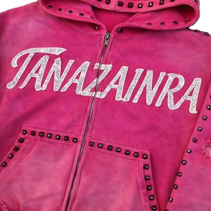 เสื้อฮู้ดซิปแบบครอปทรงบ็อกซี่ ปักลายเพชรสีชมพูฟอกสีซีดแบบย้อนยุค ประดับคริสตัลหรูหรา ผลิตตามสั่ง - Product Image 6