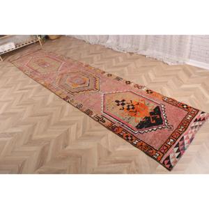 2.7x12.7 ft Rug, Turkish Herki Rug, Vintage <b>Red</b> <b>Wool</b> Check Rug - Product Image 3