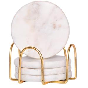Sous-verres de thé en marbre blanc de forme ronde avec support en métal Ensemble de 4 avec taille et couleur personnalisées - Product Image 1