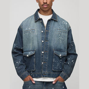 Fait sur mesure 100% coton hommes Vintage délavé Denim veste longue laine doublée respirant hiver manteau col montant fermeture éclair bouton - Product Image 6
