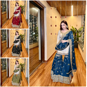 Par de Sharara blanco y azul pesado con estilo de diseñador en tela Chinon con trabajo de secuencia de bordado para ropa de mujer en festivales - Product Image 5