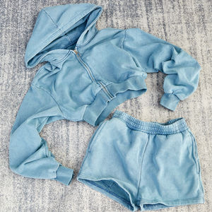 Ropa de verano para mujer, chaquetas recortadas, pantalones cortos para mujer, conjunto de pantalones cortos de algodón lavado con ácido, logotipo personalizado, ropa femenina - Product Image 4