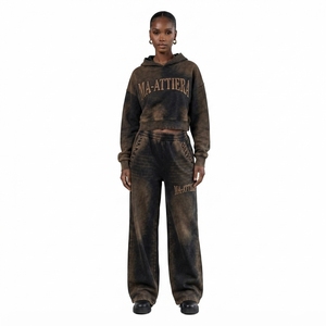 Custom Women Acid Wash Dark Brown Cropped Hoodie <b>Wide</b> <b>Leg</b> <b>Jogger</b> Set Cotton Fleece Streetwear Tracksuit OEM Wholesale - Product Image 1