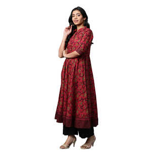 Maroon Mujer Algodón Floral Impreso Anarkali Kurta Set Conjuntos Mujer - Product Image 1