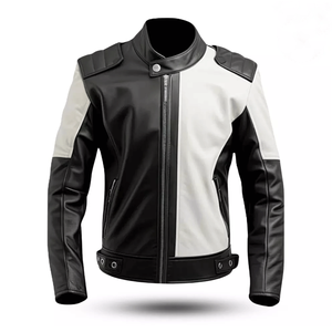 Veste de motard en cuir d'agneau véritable 100% noir et blanc pour homme - Product Image 1
