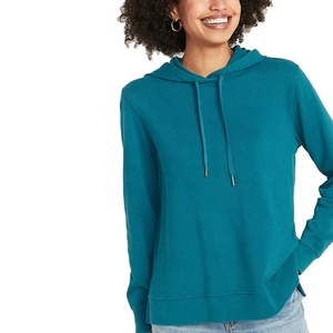 Sweat à capuche en coton French Terry pour femme, coupe ajustée décontractée, manches longues, cordon de serrage, couleur unie brodée, respirant, hiver - Product Image 2