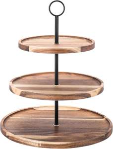 Plateau de service en bois d'acacia et bambou à 2 niveaux Cupcake Desserts Fruits Snack Holder avec logo laser écologique quantité minimale de commande 100pcs - Product Image 2