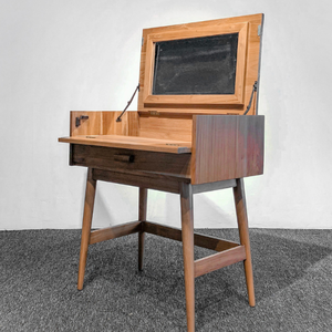 Bureau de maquillage moderne en bois de teck avec tiroir de rangement et miroir rabattable - Product Image 2