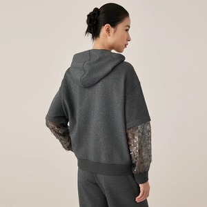 Sweat à capuche zippé avec manches à paillettes transparentes Mélange de coton Streetwear confortable à la mode - Product Image 5