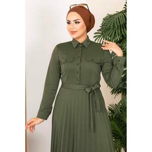 Pleated <b>Skirt</b> Hijab Dress 100MD21515 Almond Green - Product Image 1