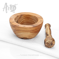 Mortier et pilon en bois d'olivier à surface plate |   Outil de cuisine tunisien fait main |   OEM / Vente en gros