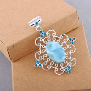 Auténtico Larimar colgante hermoso collar 925 plata esterlina diseñador colgante azul pectolita neón apatita su regalo - Product Image 3