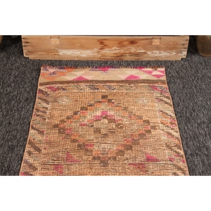 Turkish Wool Rug Eco-Friendly Traditional Design 2.5x12.8 ft Small Rug Orange <b>Brown</b> Herki Patchwork Latex Backing - Product Image 2