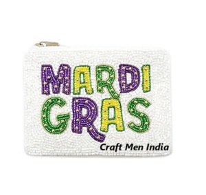 MARDI GRAS fait à la main Style Boho perlé porte-monnaie fermeture éclair options de conception personnalisée avec broderie perles de rocaille petite étoile motif - Product Image 3