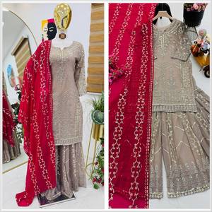 Traje Palazzo de seda pakistaní indio Georgette de imitación con bordado pesado de último diseñador con Dupatta para ocasiones de fiesta - Product Image 5