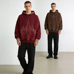 Sweat-shirt à épaules tombantes personnalisé, délavé au soleil, avec strass, broderie 3D, lavage à l'acide, vintage, décontracté, 100% coton, molleton, sweat-shirt pour hommes - Product Image 2