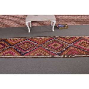 Vintage Runner Rug 2.7x10.5 ft, Turkish Kilim <b>Brown</b> Solid <b>Wool</b> Rug - Product Image 3