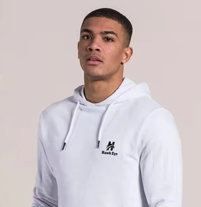 เสื้อฮู้ดผู้ชายผ้าฝ้ายทรงเข้ารูปทรงสลิมฟิตด้านล่างกลมสีขาวพร้อมข้อมือแบบมีซี่โครง - Product Image 3